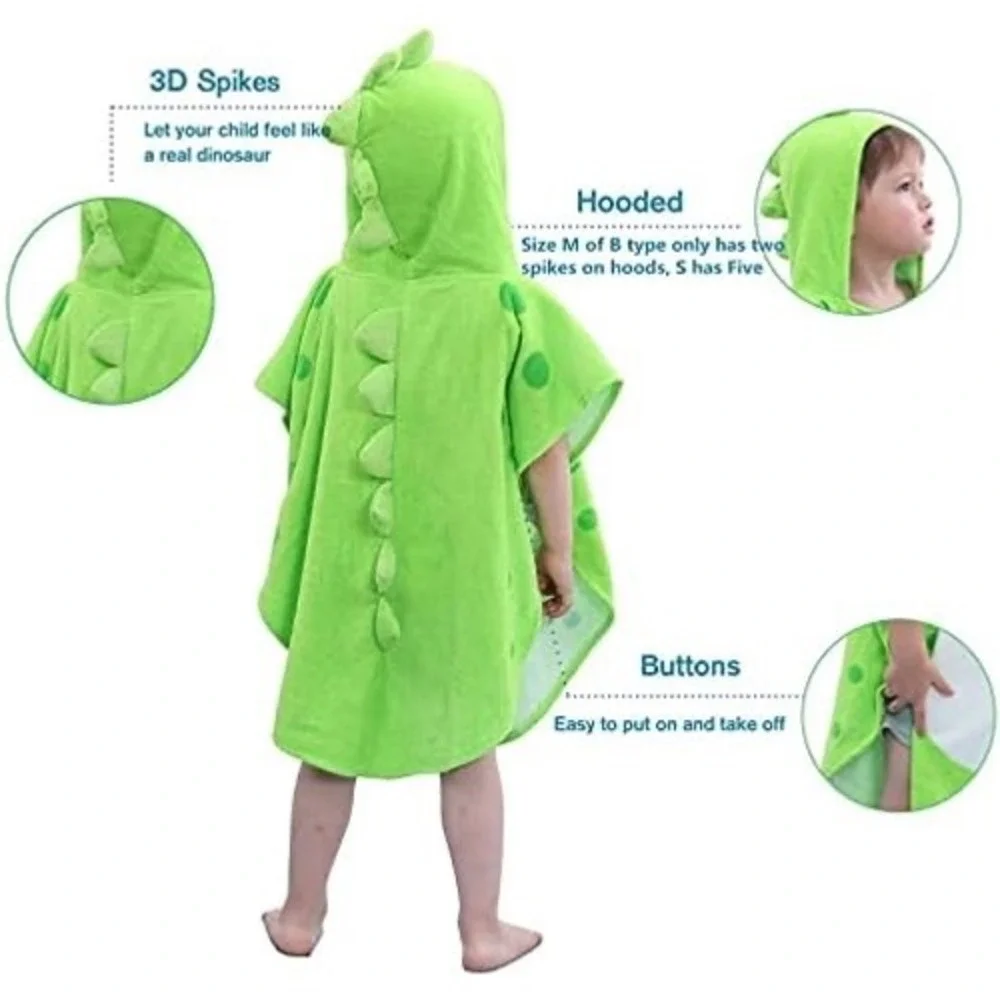 Green Dinosaur Hooded Poncho Towel Kids Pure Cotton Bath Beach Wrap 3D Spikes